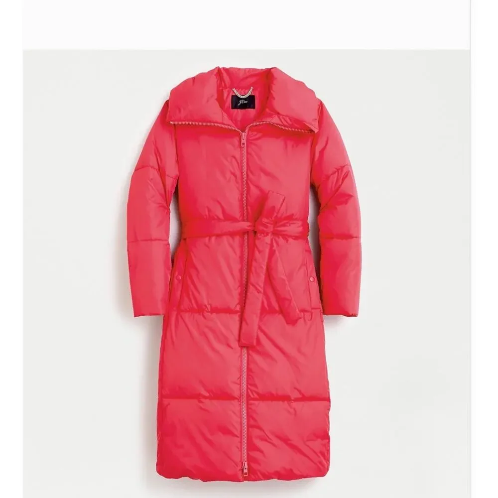 J Crew Long Belted Puffer Coat XS Rose Pink Puffy Insulated Warm Cozy AF015